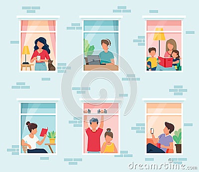 Stay home concept. People looking out windows. Social isolation during epidemic. Cute vector illustration in flat style Vector Illustration