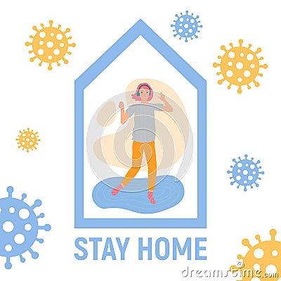 Stay home concept. Young girl in headphones dancing to the music at her home in quarantine. Flatten the curve an Vector Illustration