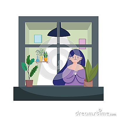 Stay at home, coronavirus covid 19, woman looking at window with icon plant in pot decoration Vector Illustration