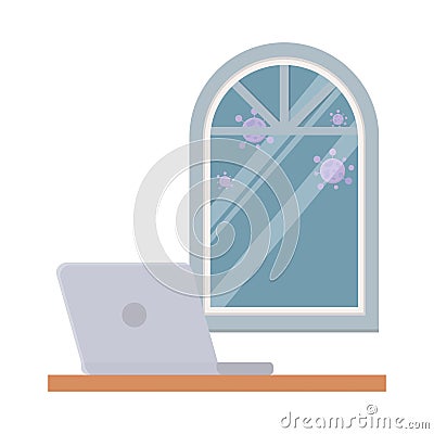 Stay at home, covid 19 laptop window isolated icon white background Vector Illustration