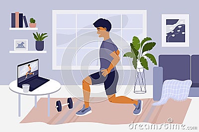 Stay at home, doing exercise online and keep fit Vector Illustration
