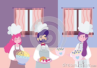 Stay at home, female and male chef characters with food cartoon, cooking quarantine activities Vector Illustration