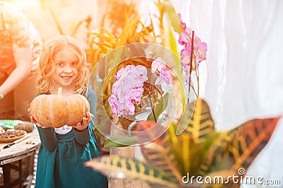 Stay at home. Girls and pumpkins for Halloween. Home gardening in the greenhouse. Girls sisters and house plants. Urban jungle Stock Photo