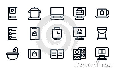 stay at home line icons. linear set. quality vector line set such as ebook, book, washing, domino, tablet, list, online shopping, Vector Illustration