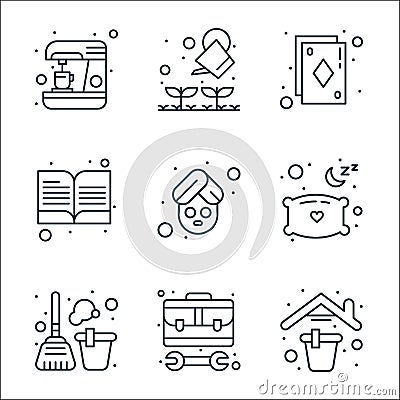 Stay at home line icons. linear set. quality vector line set such as house, toolbox, cleaning, pillow, spa and relax, book, Vector Illustration