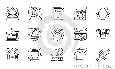 Stay at home line icons. linear set. quality vector line set such as spa and relax, gardening, exercise, tshirt, hot cup, ironing Vector Illustration