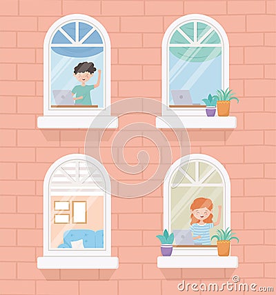 Stay home quarantine, building window, people working with laptop in apartments Vector Illustration