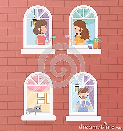 Stay home quarantine, building with windows, various people in their apartment Vector Illustration