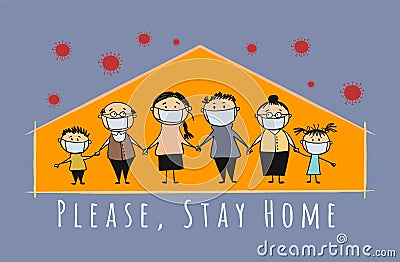 Stay At Home, Quarantine Concept. Family at House. Sketch for your design Vector Illustration