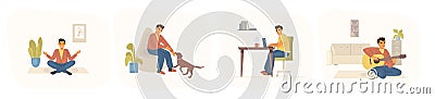 Stay home on quarantine. People sitting at their home room or apartment. Young man does yoga, plays with dog, sings songs Vector Illustration