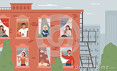Stay home, daily routine activity, open windows with friendly man woman neighbors Vector Illustration