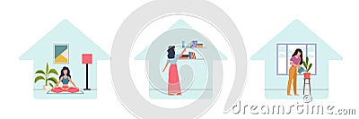 Stay home. Self isolation concept collection. Activities during coronavirus quarantine, meditation and yoga, housework Vector Illustration