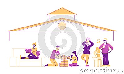 Stay Home, Self Isolation Concept. Male and Female Characters Sitting under House Roof Engaging Various Hobby Activities Vector Illustration