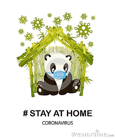 Stay Home Sign poster print with Cute Cartoon Panda character illustration Vector Illustration