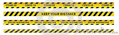 ocial distancing tape. Warning Covid-19 tapes. Black and yellow line striped. Vector Vector Illustration