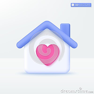 Stay and love home icon symbols. pink heart, Lovely, valentine, family and care concept. 3D vector isolated illustration design. Vector Illustration