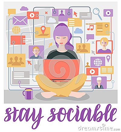 Stay sociable. Stay home concept for Quarantine activities letterings and design elements. Things to do at home. Things Vector Illustration