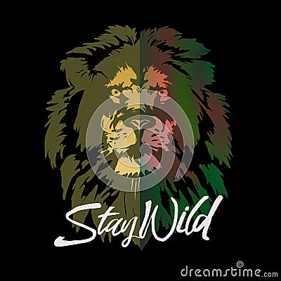 Stay wild slogan, lion face, graphic tee, printed design. Stock Photo