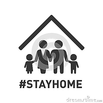 Stayhome Hashtag Sign with Family under Roof. Coronavirus Protection Icon. Vector Vector Illustration