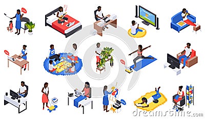 Staying Home Isometric Set Cartoon Illustration