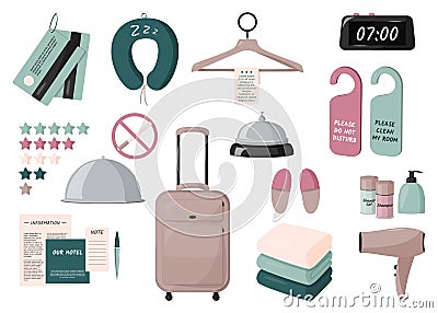 Staying in hotel elements set. Travelling illustration collection Vector Illustration