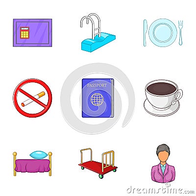Staying in hotel icons set, cartoon style Vector Illustration