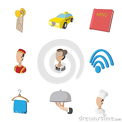 Staying in hotel icons set, cartoon style Vector Illustration