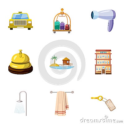 Staying in hotel icons set, cartoon style Vector Illustration