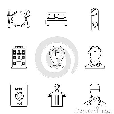 Staying in hotel icons set, outline style Vector Illustration