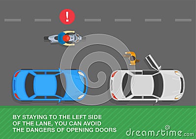 By staying to the left side of the lane you can avoid the dangers of opening doors. Top view of a street with parked vehicles. Vector Illustration