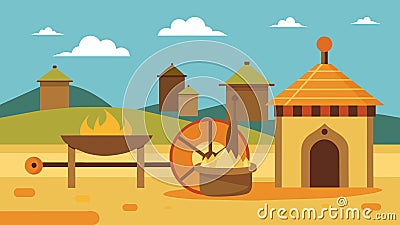 The steady hum of a horsedrawn mill could be heard in a remote village in India where ancient techniques were still used Vector Illustration