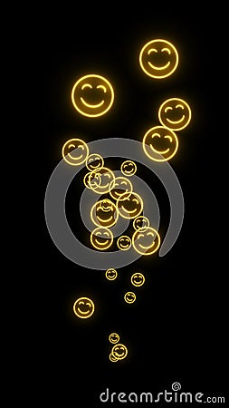 A steady upward stream of yellow neon smiley symbols. Overlay graphic effect, black background for screen blending. For social Stock Photo