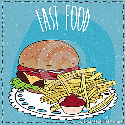 Steak burger and french fries with ketchup Vector Illustration