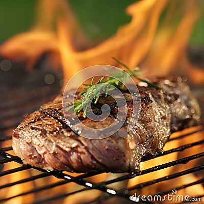 Steak cooking over flaming grill Stock Photo