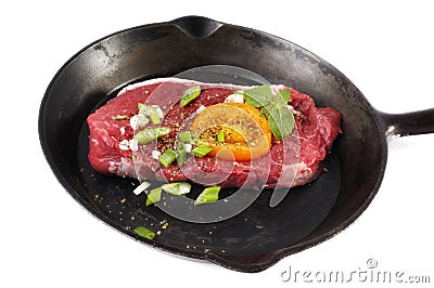 Steak cooking in pan Stock Photo