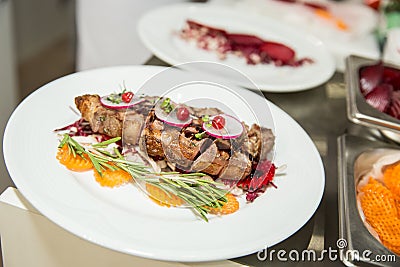 Steak cut with vegetables in plate Stock Photo