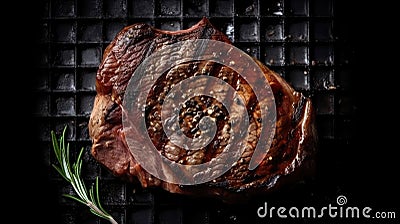 Steak on a dark metal grill base with spices. Ai generated illustration Stock Photo