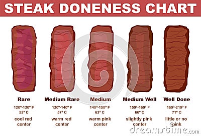 Steak doneness chart. Different stages of beef steak roast. Delicious restaurant Vector Illustration