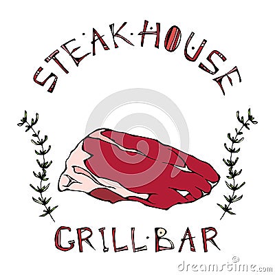 Steak House or Grill Bar Logo. Flank Steak Beef Cut with Lettering in s Thyme Herb Frame. Meat Logo for Butcher Shop, Menu. Hand D Stock Photo