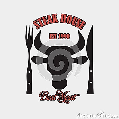 Steak house logo with bull`s head, knife and fork. Vector illustration Vector Illustration