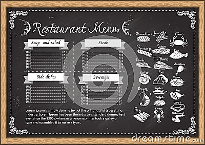 Steak house menu on chalkboard design template. Vector Illustration