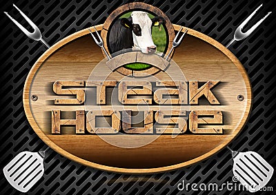 Steak House - Sign with Kitchen Utensils Stock Photo