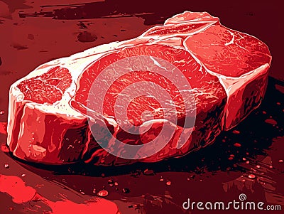 Steak. illustration of a piece of meat on a red background. Generative AI Cartoon Illustration