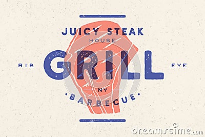 Steak, logo, meat label. Logo with steak silhouette, text juicy steak Vector Illustration