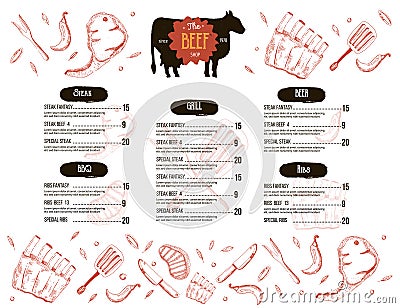 Steak menu design. BBQ grill poster with sketch icons. Barbecue cafe design Vector Illustration