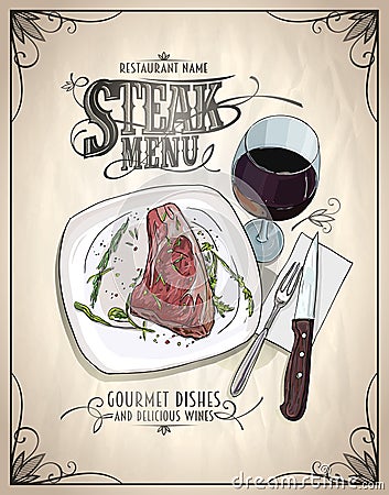 Steak menu design concept with graphic illustration of a fillet mignon steak on a plate Vector Illustration