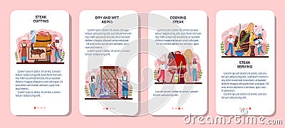 Steak mobile application banner set. People cutting beef and cooking Vector Illustration