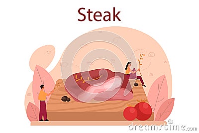 Steak. People cooking tasty grilled meat on the plate. Delicious Vector Illustration