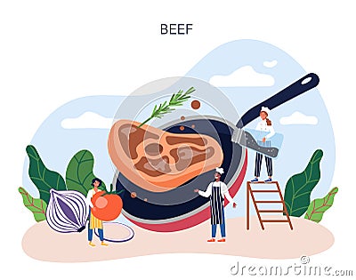 Steak. People cooking tasty grilled meat on the plate. Delicious barbecue Vector Illustration