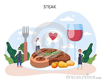 Steak. People cooking tasty grilled meat on the plate. Delicious barbecue Vector Illustration